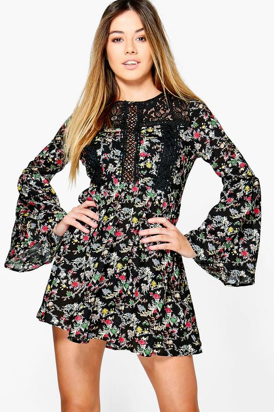 Petite Marie Floral Trim Detail Skater Dress